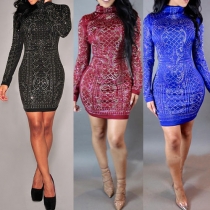 Elegant Long Sleeve Turtleneck Slim Fit Bronzing Printed Dress