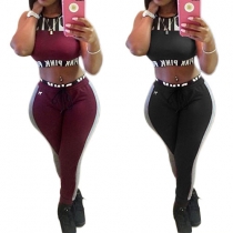 Sexy Sleeveless Round Neck Crop Tops + High Waist Pants Two-piece Set