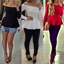 Sexy Slash Neck Flouncing Hem Long Sleeve Solid Color T-shirt