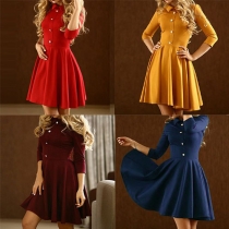 Elegant Solid Color Long Sleeve POLO Collar High Waist Dress