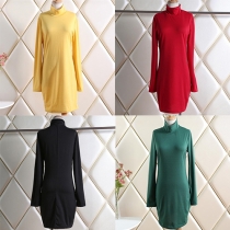 Fashion Solid Color Long Sleeve Turtleneck Slim Fit Dress