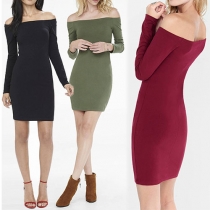Sexy Slash Neck Off-shoulder Long Sleeve Solid Color Sheath Dress