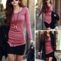 Fashion Solid Color Long Sleeve Round Neck Irregular Zipper Hem T-shirt
