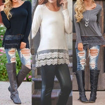 Fashion Solid Color Long Sleeve Round Neck Lace Spliced Hem T-shirt
