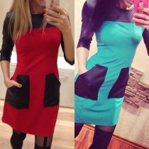 Fashion Long Sleeve Round Neck Slim Fit Contrast Color Dress