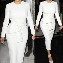 Elegant Solid Color Long Sleeve Round Neck Slim Fit Pencil Dress