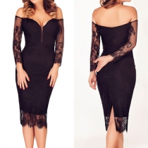 Sexy Off-shoulder V-neck Lace Spliced Sheath Dress