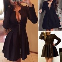 Elegant Solid Color Long Sleeve Zipper Pleated Dress