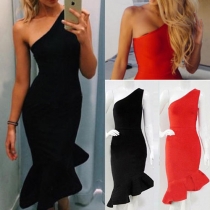 Sexy Oblique Shoulder Flouncing Hem Solid Color Evening Dress