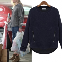 Fashion Solid Color Long Sleeve Round Neck High-low Hem Sweatshirt