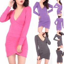 Sexy Deep V-neck Irregular Hem Solid Color Dress