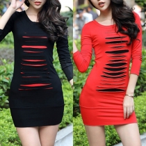 Fashion Long Sleeve Round Neck Ripped Dress