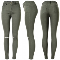 Fashion Solid Color High Waist Stretch Ripped Pencil Pants