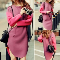 Fashion Contrast Color Long Sleeve Round Neck Irregular Hem Dress