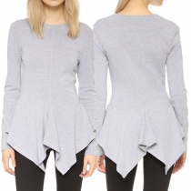 Fashion Solid Color Long Sleeve Round Neck Irregular Hem T-shirt