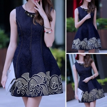Fashion Sleeveless Round Neck Printed Hem Embossing Dress