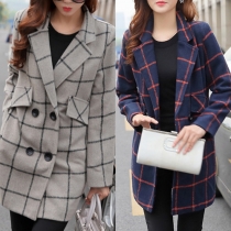 Fashion Long Sleeve Lapel Plaid Woolen Coat