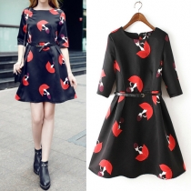 Sweet Style 3/4 Sleeve Round Neck Printed Dress