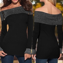 Sexy Slash Neck Long Sleeve Contrast Color Tops