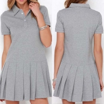 Fashion Solid Color Short Sleeve POLO Collar Pleated Hem Dress