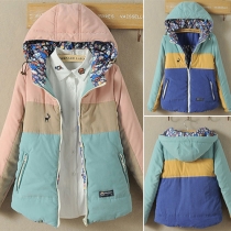 Fresh Style Long Sleeve Hooded Contrast Color Padded Coat