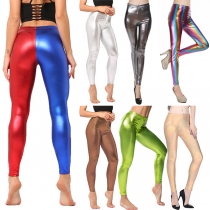 Modeleggings i PU-läder med hög midja och stretch, skarvade detaljer