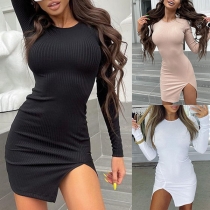 Sexy Long Sleeve Round Neck Irregular Hem Sheath Dress