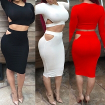 Sexy Hollow Out Long Sleeve Crop Tops + High Waist Bust Skirt Two-piece Set