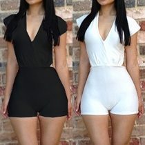 Sexy Hollow Out Deep V-neck Sleeveless Solid Color Rompers