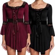 Sweet Lace Spliced Irregular Hem Trumpet-sleeve Square Collar Dress