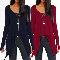 Fashion Solid Color Long Sleeve Round Neck Irregular Hem T-shirt