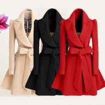Elegant Solid Color Long Sleeve Lapel Woolen Coat with Waist Strap