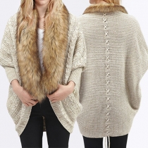 Fashion Faux Fur Collar Spliced Dolman Sleeve Knit Cardigan
