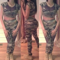Fashion Camouflage Printed Short Sleeve Crop Tops + Pants Two-piece Set