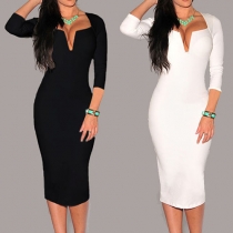 Sexy Deep V-neck Long Sleeve Solid Color Sheath Dress
