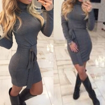 Fashion Solid Color Long Sleeve Turtleneck Slim Fit Dress