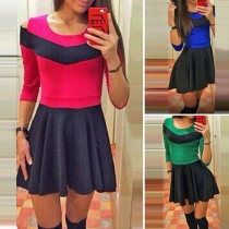 Sexy Off-shoulder 3/4 Sleeve Round Neck Contrast Color Dress