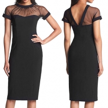 Sexy Backless Gauze Spliced Short Sleeve Slim Fit Dress