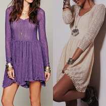 Elegant Solid Color Long Sleeve V-neck Irregular Hem Lace Dress