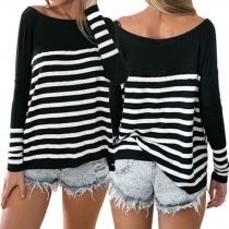 Fashion Long Sleeve Round Neck Striped Spliced Loose T-shirt