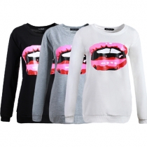 Fashion Red Lips Printed Long Sleeve Round Neck Sweatshirt