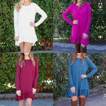 Fashion Solid Color Long Sleeve Round Neck Flouncing Hem Dress