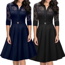 Fashion Lace Spliced 3/4 Sleeve POLO Collar Dress