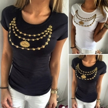 Fashion Short Sleeve Round Neck Beaded T-shirt