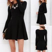 Elegant Solid Color Long Sleeve Round Neck Dress