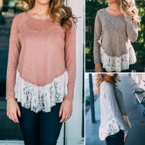 Fashion Long Sleeve Round Neck Lace Spliced Hem T-shirt