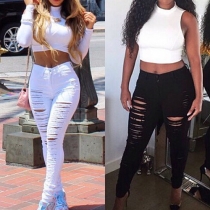 Distressed Style High Waist Ripped Stretch Pants