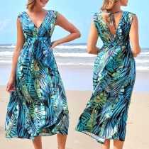 Sexy Deep V-neck 3/4 Sleeve Printed Maxi Dress