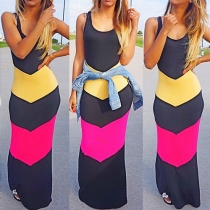 Fashion Contrast Color Sleeveless Round Neck Maxi Dress