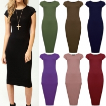 Elegant Solid Color Short Sleeve Round Neck Slim Fit Pencil Dress